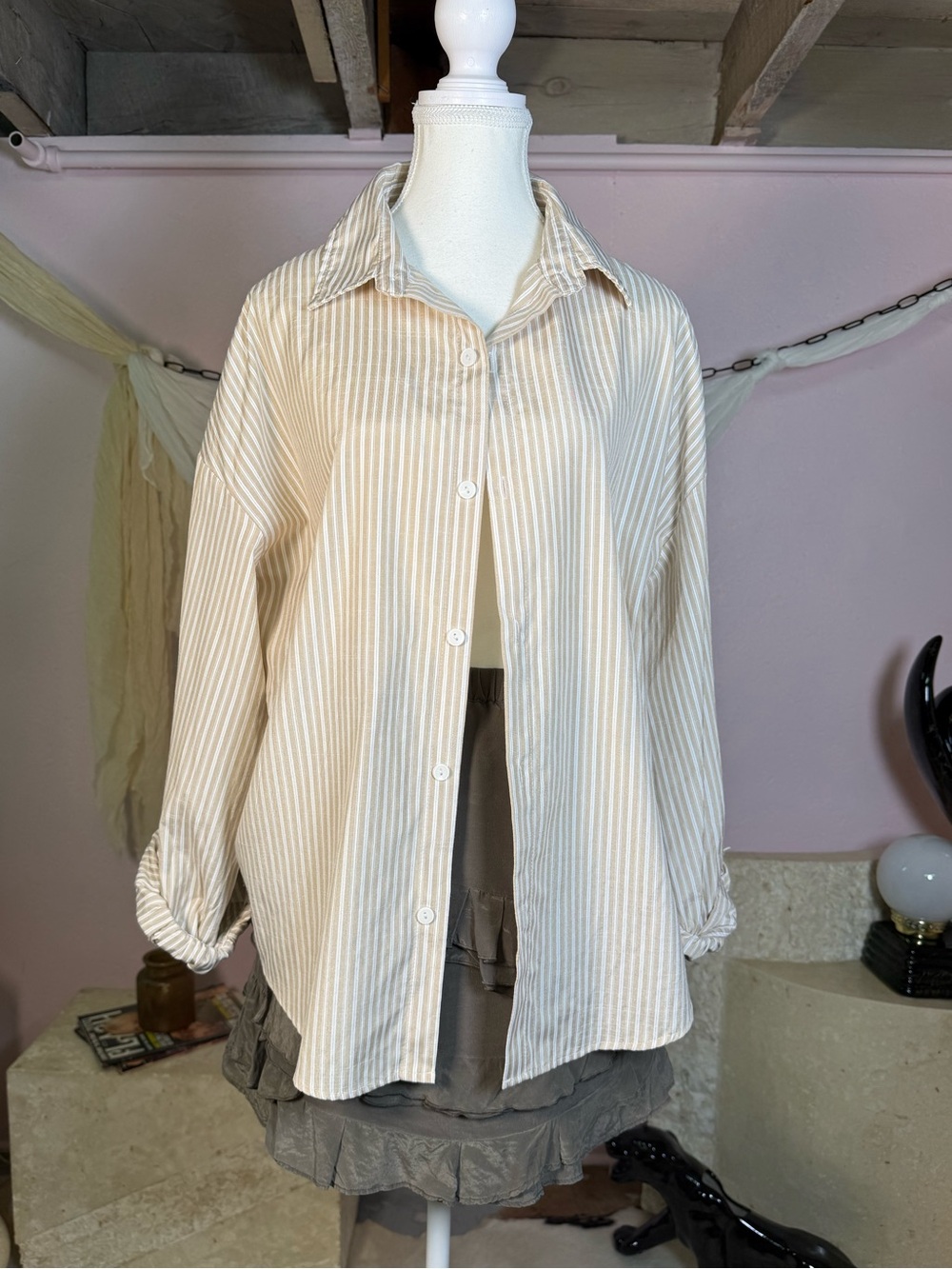 Vintage Beige Pinstripe Oversized Button Up Shirt Size L